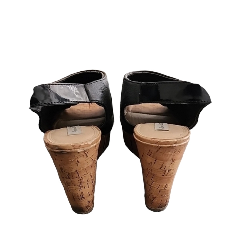 AEO AMERICAN EAGLE Slingback Cork Wedge Sandals 8.5 Pebbled Black Vegan Leather - Picture 6 of 16